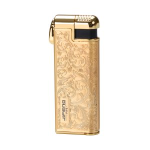 JIFENG Pipe Lighter, Zinc Alloy Windproof Oblique Flame Butane Lighter with Fuel Window, Pipe Tamper and Gift Box, Refillable, Gas Not Included Gold