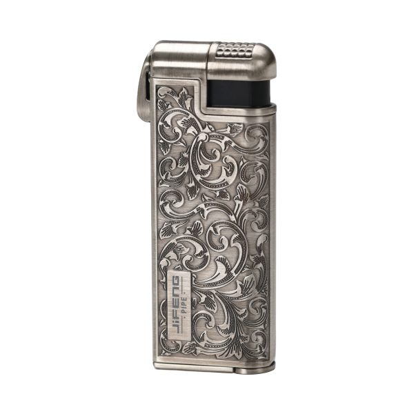 JIFENG Pipe Lighter, Zinc Alloy Windproof Oblique Flame Butane Lighter with Fuel Window, Pipe Tamper and Gift Box, Refillable, Gas Not Included Old Silver