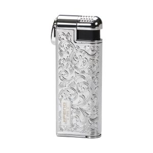JIFENG Pipe Lighter, Zinc Alloy Windproof Oblique Flame Butane Lighter with Fuel Window, Pipe Tamper and Gift Box, Refillable, Gas Not Included Silver