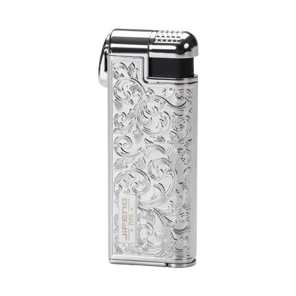 JIFENG Pipe Lighter, Zinc Alloy Windproof Oblique Flame Butane Lighter with Fuel Window, Pipe Tamper and Gift Box, Refillable, Gas Not Included Silver