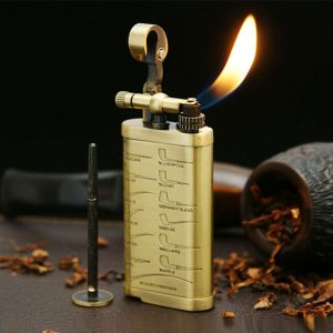 JIFENG Pipe Lighter Classic Pipe Shapes, Vintage Butane Lighter Antique Style Lift Arm with 45 Angle Soft Flame, Tamper & Pick Gold